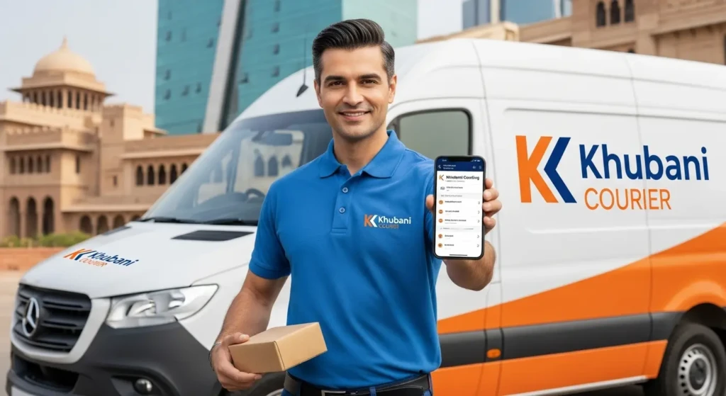 Khubani Courier delivery executive with package and mobile tracking app in India