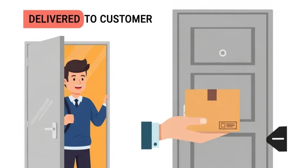 Horizontal timeline infographic showing courier package journey stages with icons: package pickup, sorting facility, in transit truck, local hub, delivery van, delivered to customer, modern clean design, orange and blue gradient, isometric style illustrations, professional business graphic