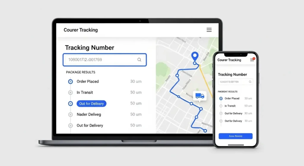 OCCPL courier tracking interface showing step-by-step parcel tracking process on desktop and mobile devices