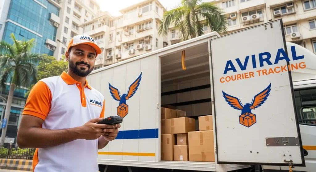 Aviral courier delivery executive with branded truck tracking parcels for real-time shipment delivery monitoring