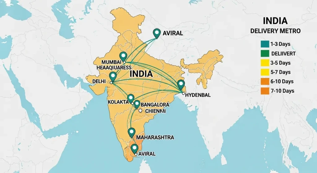 Aviral courier delivery coverage map of India showing estimated transit times and service zones across different cities