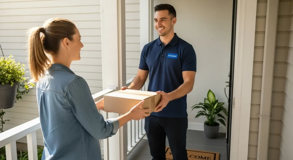 Satisfied customer receiving Rivigo courier delivery at home