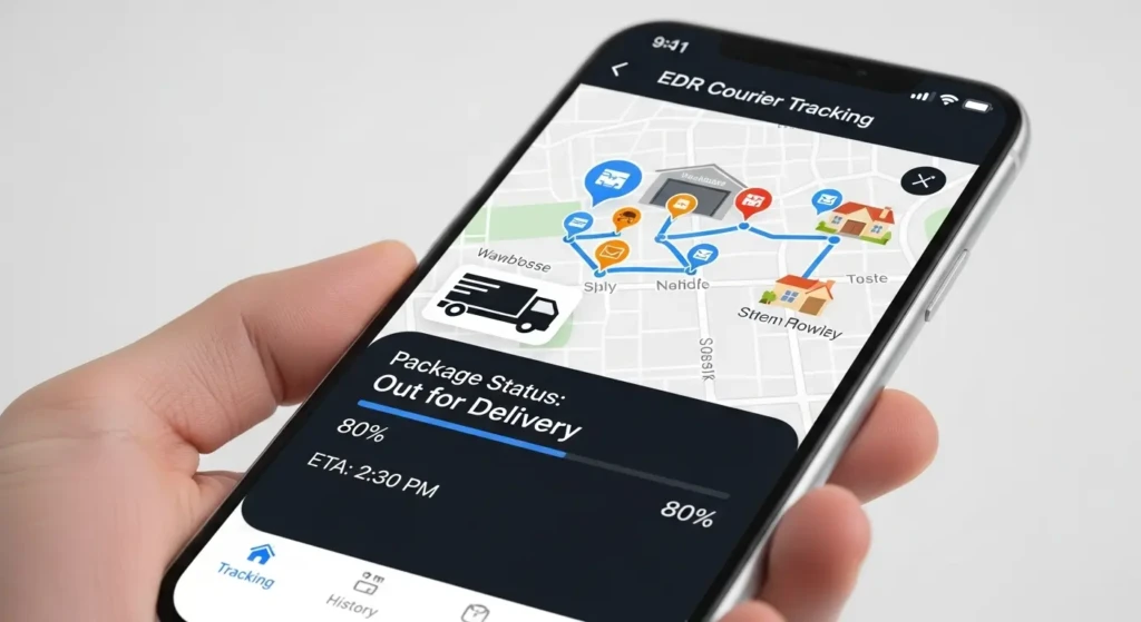 Mobile phone showing EDR courier real-time tracking interface with delivery map