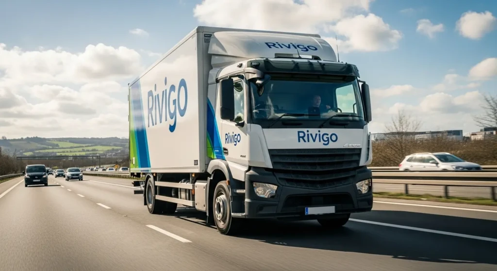 Rivigo courier truck delivering packages on highway - real-time tracking service