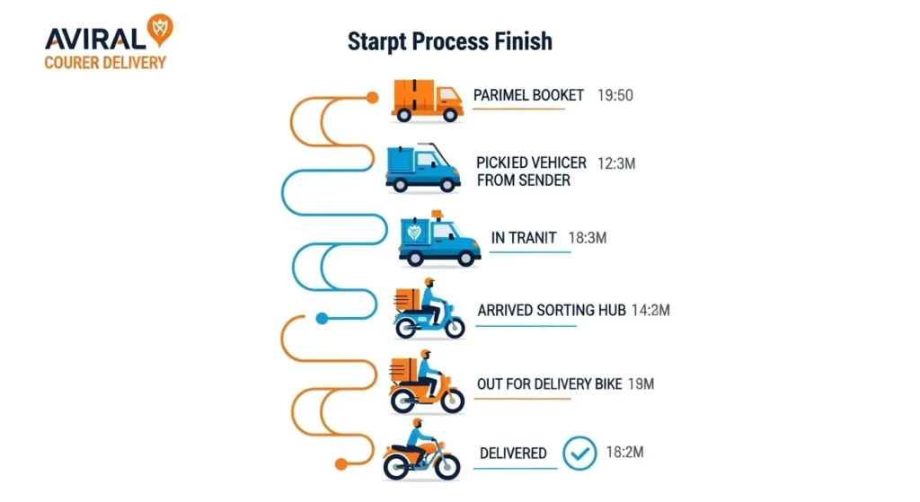 Aviral courier tracking status flow chart showing complete delivery journey from booking to successful doorstep delivery