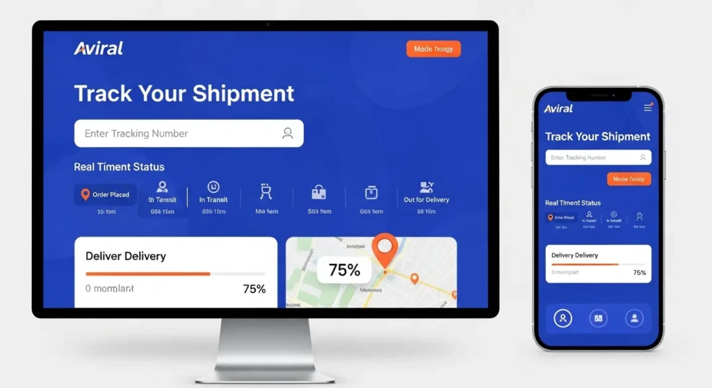 Aviral courier tracking system interface showing real-time parcel status updates on desktop and mobile devices