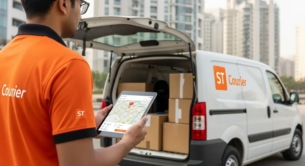 ST Courier delivery executive using real-time tracking system on tablet for package delivery in India