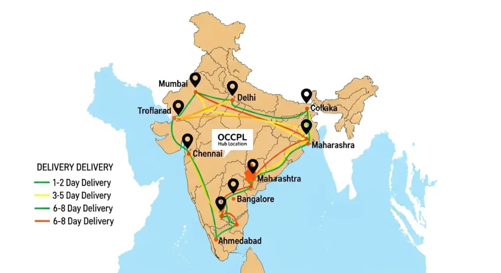 OCCPL courier delivery time zones map showing estimated shipping duration across different Indian cities and regions